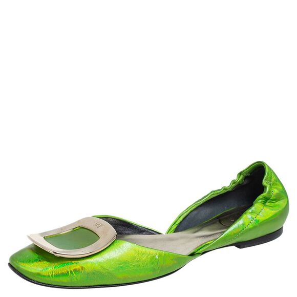 Roger Vivier Metallic Green Leather Flats Size 35.5